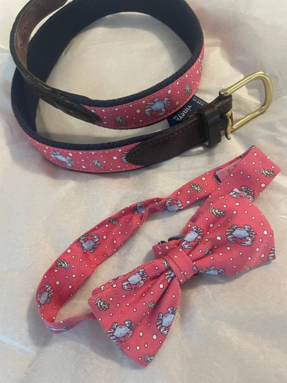 Vineyard Vines Men's Crab Print Preppy Bow Tie & Belt Set Size 28 set boys large
